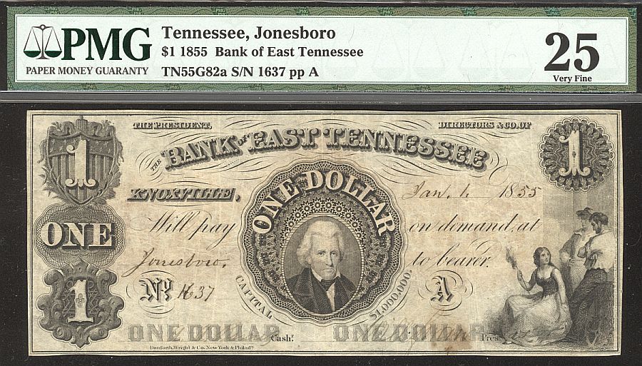 Tennessee, Jonesboro (Knoxville) The Bank of East Tennessee, 1855, $1, VF, 1637, PMG-25